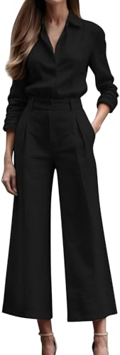 Smart vardaglig arbetsdräkt för damer, träningsoverall för kvinnor – elegant business kontor arbete Co Ord set casual blusar långärmad och hög midja vida ben byxor passar vår höst outfit, Svart, S