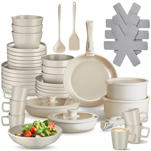 tectake® Juego de Vajilla Completa y Batería de Cocina, Ollas Cocina y Sartenes Antiadherentes con Mangos Desmontables, Vajilla Moderna, Platos Ceramica, Tazas de Cafe - 46 Piezas Gris Topo/Blanco