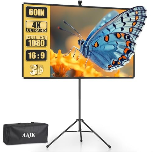 AAJK 60in Projector Screen with Stand,Portable 16:9 4K HD Indoor Outdoor Projection Screen with Wrinkle-Free Design, Ideal for Home Theater– Includes Carry Bag
