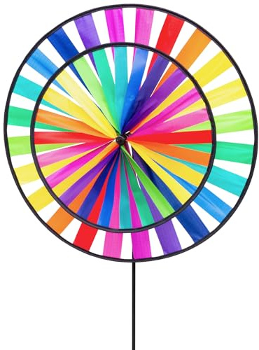 HQ Windspiel Magic Wheel Duett Rainbow Windrad Gartendeko mit Standstab | Farbenfroh dreht schon bei leichtem Wind wetterfest UV-beständig langlebig für Garten Terrasse & Balkon Rad-Ø44cm, H96xT13cm