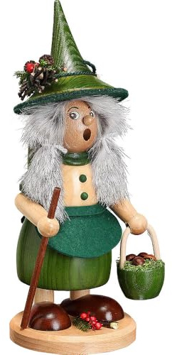 Drechselwerkstatt Uhlig Räuchermännchen Wichtelfrau mit Pilzkorb, grün - 25cm - Original Erzgebirge Räuchermann
