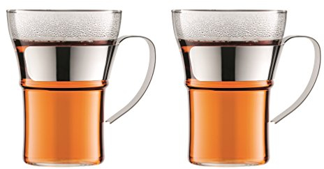 Bodum ASSAM Coffee Glass Set (Double-Walled, Metal Handle, Dishwasher Safe, 0.35 L/12 oz) - Pack of 2, Shiny