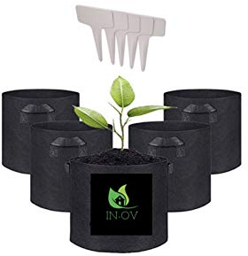IN-OV Lot de 5 Pots en Tissu pour Plante avec Poignées - Sacs de Plantation Non Tissés 3, 5, 7, 10 Gallons - Jardinière avec 5 Étiquettes (3 Gallons)