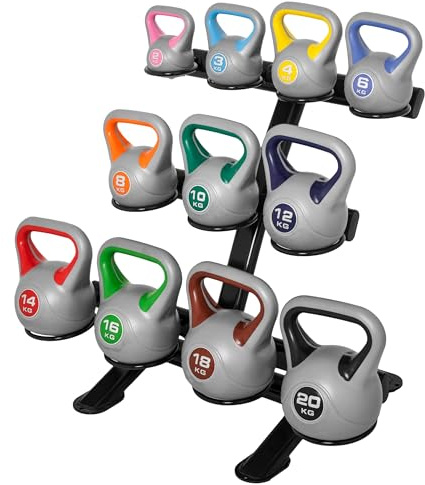 GORILLA SPORTS® Kettlebell 2–20 kg – Kunststoff Kugelhantel, Bodenschonend – Kettlebell Set oder Einzeln – mit oder ohne Ablage – für Home Gym, Fitness & Krafttraining