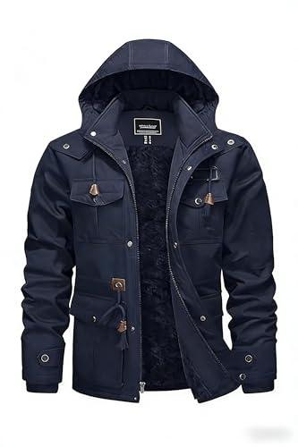 KEFITEVD Warme Winterjacke Herren Gefüttert Cargo Jacke Thermo Arbeitsjacke Parka mit Vielen Taschen Winter Mantel Outdoorjacke Männer Dunkelblau S
