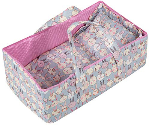 Rakki Dolli Puppen-Tragebett-Set, weiches 3-teiliges Set mit Kinderbett, Matratze und Kissen, blaues Kaninchen-Puppenliegewagen, passend für 35,6-40,6 cm große American Girl Puppen