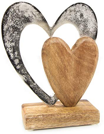 Deko-Figur Herz: Dekofigur zum Hinstellen, Skulptur Metall & Holz, Geschenk Hochzeit, Geburtstag & Valtentinstag, Dekoration Wohnzimmer & Flur, Dekofiguren Modern, Holzdeko Sideboard, 21 x 16 x 6 cm