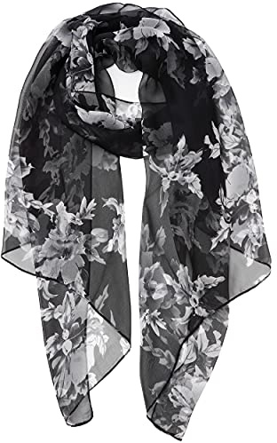 YOUR SMILE Ladies/Women's Lightweight Floral Print/Solid Color mixture Shawl Scarf For Spring Summer season (Black White Flower)