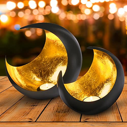 2er Set Moderne Deko Kerzenhalter Teelichthalter Moon Groß 20cm Gold | Herbst Deko Windlicht Schwarz Außen Gold Innen | Orientalische Windlichter Kerzenständer aus Metall als Weihnachtsdeko