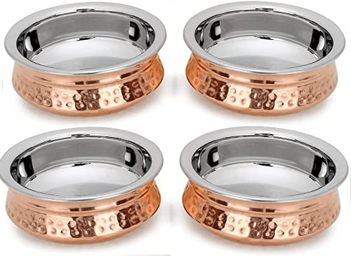 Zap Impex Set di 4 ciotole da portata in rame indiano Handi in acciaio inox color rame (13 cm)