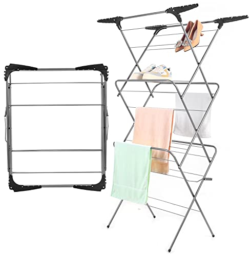 Rainberg 3 Tier Clothes Airer Drying Indoor and Outdoor, Laundry Rack with Non-Slip Feet and Corner Spaces for Hangers, Flat foldable for Space Saving Washing Line, 20m Drying Space