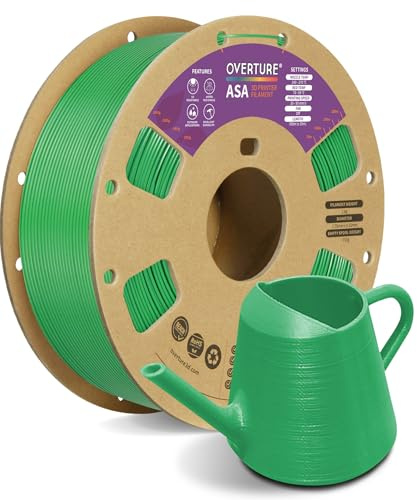 OVERTURE ASA Filament 1.75mm 1KG Bobine Imprimante 3D(Vert) | ASA pour FDM, Résistance UV et intempéries, Vicat 106.2°C, Buse 240-270°C, Plateau 70-95°C, Ventilateur éteint, 30-50mm/s
