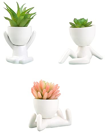 AYAROS Sukkulenten-Übertöpfe in menschlicher Form, niedlicher Keramik-Sukkulenten-Blumentopf, kleine Pflanztöpfe, Blumentöpfe, Schreibtisch-Dekoration für Zuhause, Büro, drinnen und draußen, 3 Stück
