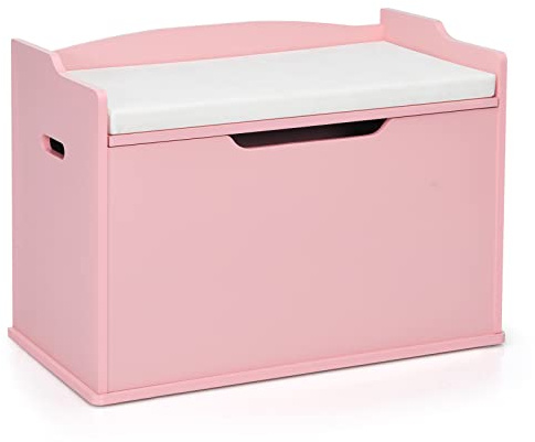 COSTWAY Wooden Toy Box, Kids Bench and Storage Chest with Cushion, Safety Hinged Lid & Handles, Children's Organizer Cabinet for Playroom Bedroom (Pink)