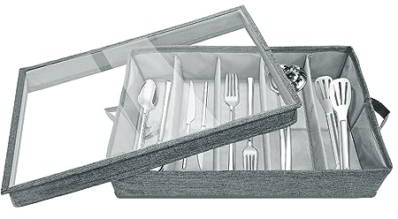 Flatware Storage Case-Silverware Storage Box with Padded Dividers, 5 Compartment Utensil Storage, Silverware Holder with Handles and Removable Lid for Organizing Cutlery, Forks, Knives