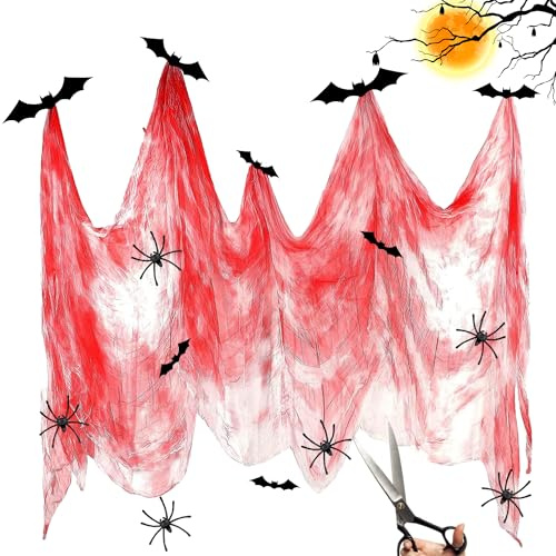 CYIOU Tela Espeluznante Decoración de Halloween Tela Espeluznante de Halloween con Arañas y Murciélagos Halloween Decoracion Rojo Tela para Ventana Puertas Decoracion 85 * 197in(Sangre Roja)