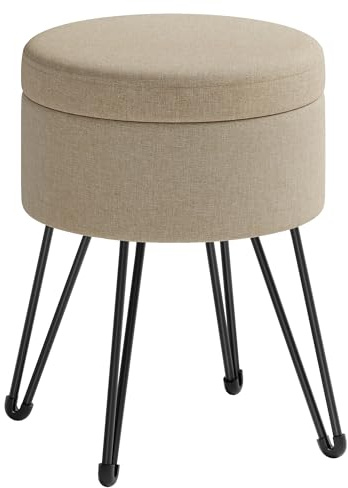 SONGMICS Puff Almacenaje, Baul Almacenaje, Banco Redondo, Taburete de Tocador, 39 x 44,1 cm, 4 Patas de Metal, Asiento Acolchado, Marrón Camello LOM002K01