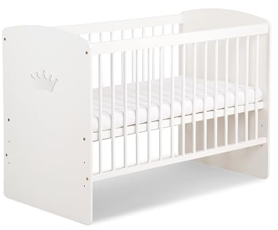 KMbaby K2-KOR - Cuna para bebé (120 x 60 cm, con colchón blanco con corona blanca y natural, con somier, 3 niveles, altura regulable, madera de pino lacada)