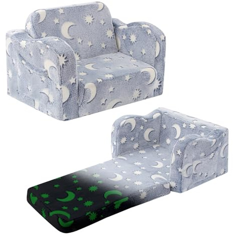 snow mini Kids Toddler Chair, 2-in-1 Toddler Couch Fold Out, Convertible Chairs for Toddlers Comfy Sofa to Lounger with Glow in The Dark Feature, Soft for Girls and Boys, Glowing Starry Sky
