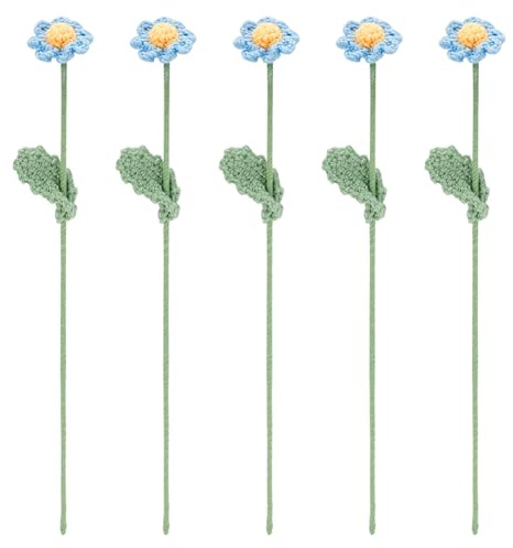 FINGERINSPIRE 5pcs Handmade Crochet Daisy Flowers Light Sky Blue Artificial Daisy Bouquet di fiori artificiali in cotone lavorato a maglia con filo di ferro all'uncinetto margherite fiori per la casa