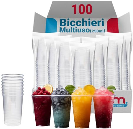 G.M. DISTRIBUZIONE 100 Bicchieri da 250 Ml Trasparenti in PET Riutilizzabile, Lavabili, Per Acqua, Birra, Vino, Yogurt, Bicchieri Multiuso per Bar e Lounge Bar