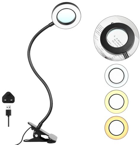 Woputne Lampada Da Tavolo Con Clip Con Lente Di Ingrandimento 5X, 10 Livelli Di Luminosità Regolabile, 3 Modalità, Alimentatore 5V 2A, Per Lettura, Artigianato, Pittura, Lavori Di Precisione - Nero