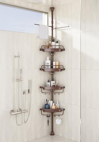 XLHOMO Eck-Dusch-Regal, Spannstange, braun, rostfrei, bohrfreie Duschregale für Bad, Badewanne, Waschbecken, 81,3–309,9 cm, verstellbar, mit 4 Ebenen, stabile Regale und Handtuchstangen