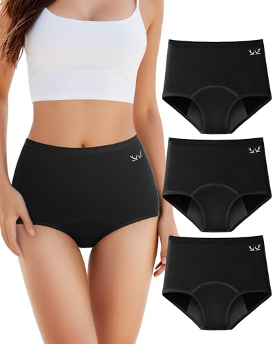 Period Pants for Women, 60ML Absorbency Heavy Flow Leakproof Cotton Menstrual Knickers, Soft Breathable High Waist Underwear with Extra Protection, Postpartum Washable, Pack of 3 Black