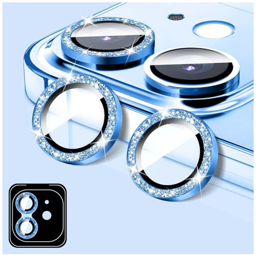 LucBuy Camera Lens Protector Compatible for iPhone 13/13 Mini, Glitter 9H Tempered Glass Camera Cover Film Stickers, Automatic-Alignment Individual Metal Rings Shiny Phone Accessories
