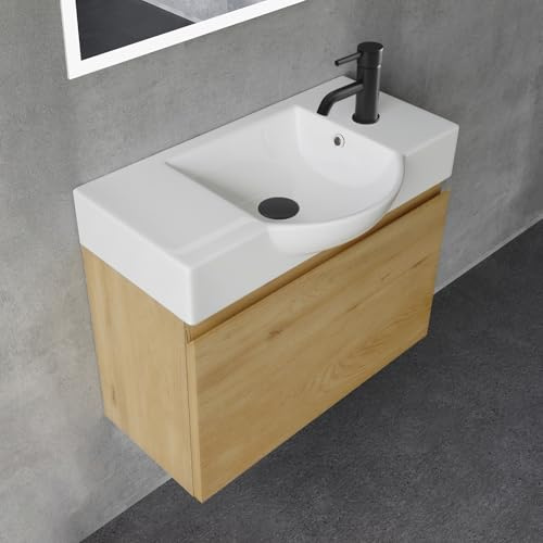 Alpenberger Badmöbel Set | Waschbecken mit Unterschrank 55 cm Breit | Badezimmerschrank Badschrank Schmal | Badezimmermöbel Waschtisch | Schrank Klein | Waschbeckenunterschrank Eiche Natur