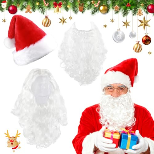 Weihnachtsmann Perücke + Weihnachtsmann Bart +Weihnachtsmann Mütze, Weiße Santa Beard und Perücke Set, Weihnachtsmütze für Erwachsene, 3 in 1 Kostümzubehör