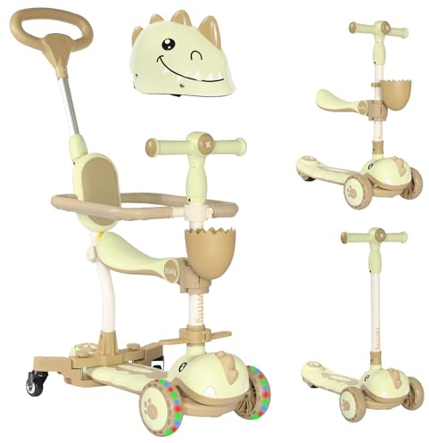 Twinly - Monopattino per bambini evolutivo 3 in 1 DINLY, multifunzione, corrimane Monopattino per bambini, Scooter con casco da 1 a 6 anni + LED funzione bici da bilanciamento - 30 kg (Verde)