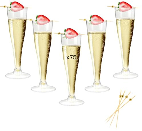 Dhnvcud 75 piezas flautas de champán de plástico, 135 ml Copa de champán de plástico, para fiestas, bodas, aniversarios, sólidos y reutilizables