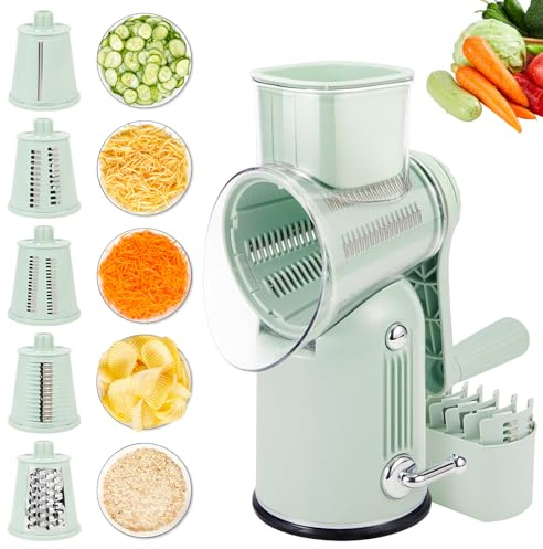 Rallador giratorio de queso con asa, rallador de queso 5 en 1, manivela de mano, base de succión fuerte para frutas, verduras, nueces con caja de almacenamiento de cuchillas (verde)