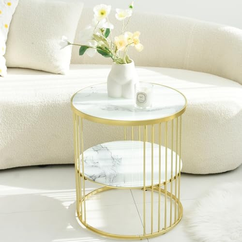 Cagnolier Runder Glas Beistelltisch & Nachttisch,Sofa Tisch,couchtisch rund Glas,klein beistelltisch,Telefontisch,Wohnzimmer Side Table,2-stufiger Couchtisch mit Metallring,Ø45x50cm (Weiß)