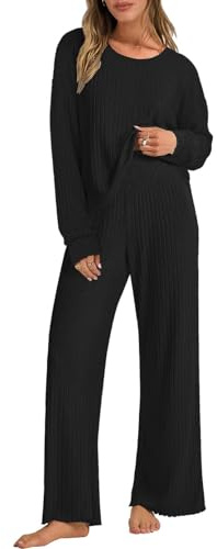 Yutdeng Conjunto 2 Piezas Mujer Ropa Casa Pantalon y Jersey Manga Larga Pierna Ancha Cintura Alta Casual Traje Mujer Elegante Dos Piezas Conjunto Yoga Chandal Pijama Invierno Otoño,Negro,M