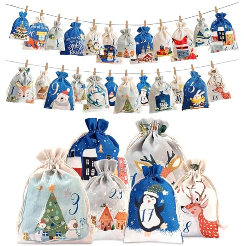 Adventskalender zum Befüllen, Weihnachtskalender Selber Befüllen Kinder, Adventskalender zum Selbstbefüllen stoff, 24 Weihnachtskalender zum Befüllen Säckchen, Adventskalender (Blau)