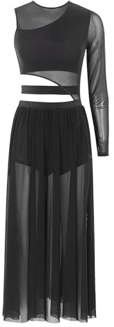 Chaoyinn Damen Lyrisches Ballett Tanzkleid Ausschnitt Patchwork Dame Kleid Seite Split Sheer Mesh Kleider Tanzkleidung Schwarz S