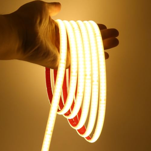 XUNATA COB LED Streifen, 230V Silikon Wasserdicht IP65 LED Strip Hohe Dichte 240 LEDs/m LED Flex LED Lichtleisten, Alle 10cm Schneidbar, Direktanschluss (Warmweiß, 5M)