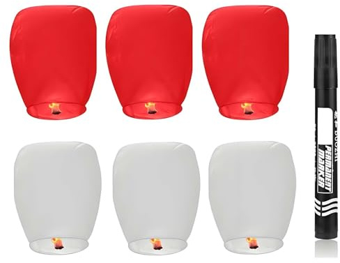 7pcs Set Chinese Sky Lanterns,Red and White Paper Lanterns and Marker,Chinese Lanterns,Sky Lanterns for Memorials, Celebrations and Emotional Blessings