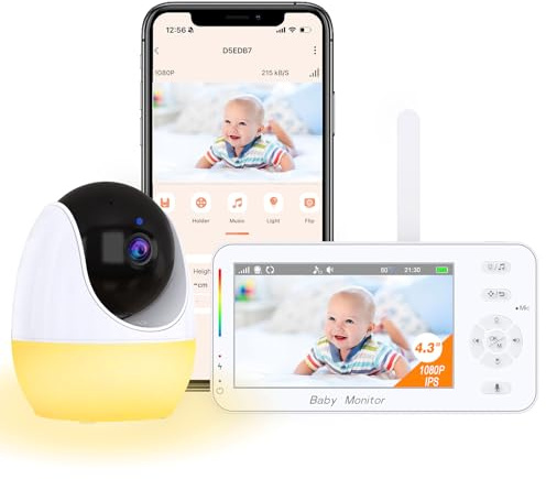 Drepint Monitor de Bebé, 4,3 Pantalla IPS Cámara Vigilancia Bebes con App Movil, 2,4GHZ WiFi, Vigilabebes con Cámara, con Luz Nocturna y Seguimiento Automático, Sensor Temperatura, Modo VOX