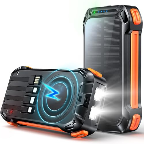 Batterie Externe Solaire 26800mAh, PD 30W USB C Power Bank Charge Rapide avec 4 Câble intégrée, 3 Port (1 USB & 1 Type-c), 15W Chargement sans Fil, Lampe de Poche, Chargeur Solaire pour Téléphone