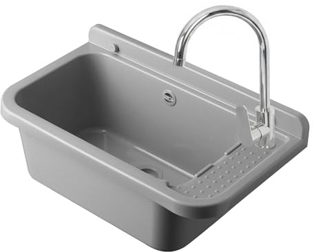 Set Pilozzo Sospeso 60x34 Cm Grigio Pietra - Vasca Lavatoio In Resina Resistente Agli Acidi Con Porta Sapone - INCLUDE Miscelatore Canna Alta Cromo In Acciaio INOX E Kit Scarico