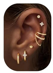 Turandoss 6 Paar Ohrringe Silber Gold Set für Damen | Hypoallergene Ohrringe Set 14K Vergoldete Klein Creolen Medizinische Ohrringe Ohrstecker Helix Stecker für mehrere ohrlöcher