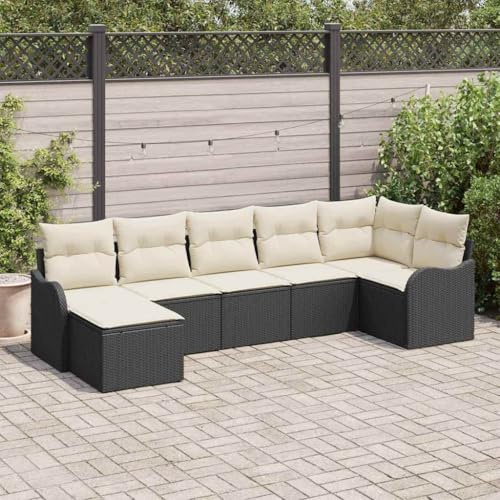 Yunovire Gartensofa-Set Schwarz Poly-Rattan, Modulares Loungesofa mit UV-beständigen Kissen, Langlebiges Outdoor-Sofa für Terrasse und Balkon, 7-Sitzer