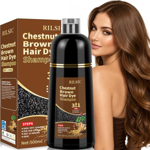 RILSIC 500ml Shampoo Colorante, Hair Dye Shampoo 3 in 1, Colorante Tinta Capelli Istantaneo, Naturale Hair Color per Donna Uomo (Castagno)
