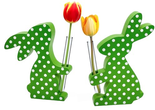 2PCS Osterdeko Holz Osterhasen Figuren Ostern Tischdeko Frühling | Große moderne Osterdeko Innen, stilvolle Frühlingsdeko für Wohnzimmer & Esszimmer, dekorative Osterdekoration Grün