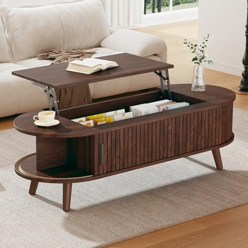 BENMWS Mesa de centro elevable 50 x 120 cm, mesa de café con espacio de almacenamiento oculto, 5 estantes, mesa de salón, nogal