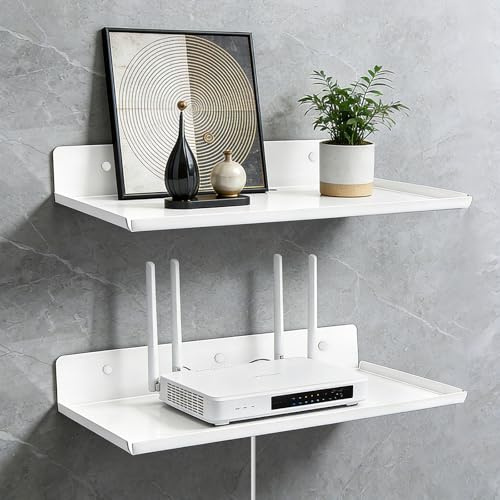 UBERMing 2 Pcs Mensole da Muro Metallo – Mensole Sospese Bianche con Fori per Cavi, Capacità di Carico 6 Kg, Mensola da Parete Senza Foratura per Soggiorno Camera da Letto Cucina Bagno, 30 × 20 x 4 cm
