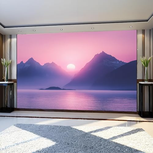 Fotomural Montañas al atardecer en el océano 400 x 280 cm Púrpura Papel Pintado 3D Moderno para Decoración de Pared en Salón, Dormitorio o Comedor